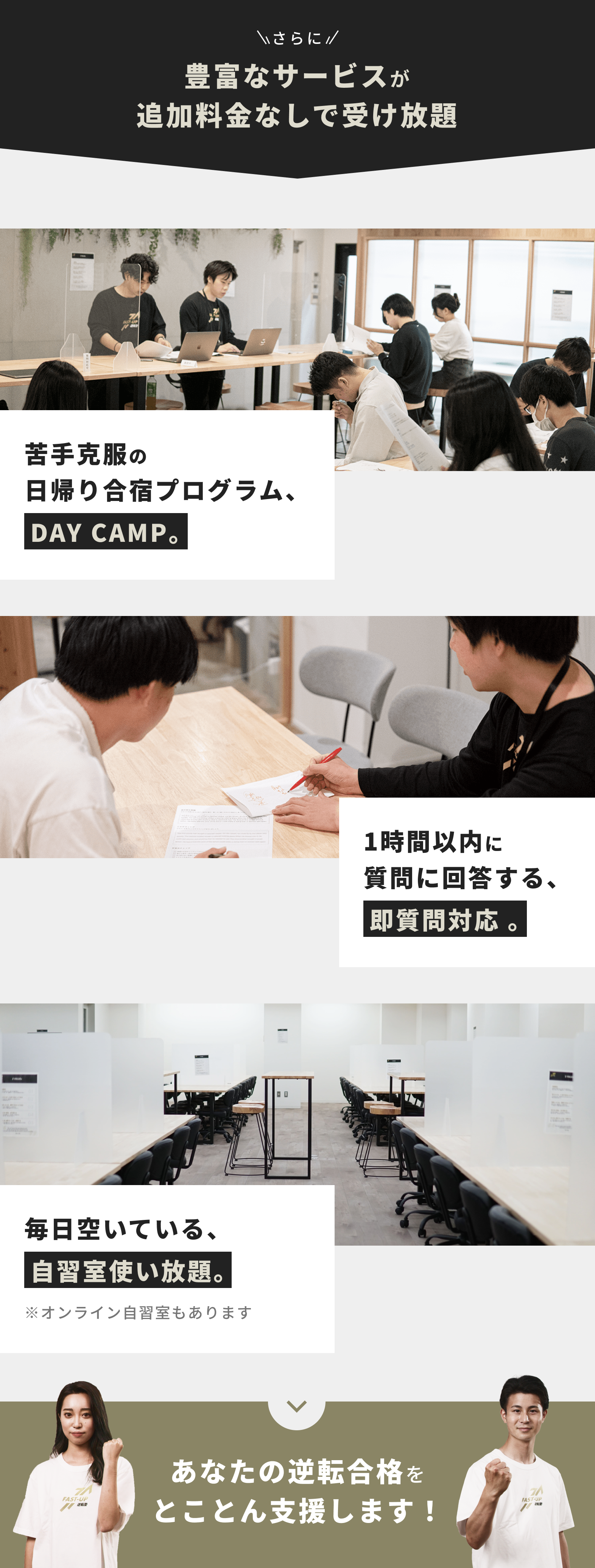FAST-UPでは、追加料金なしで豊富なサービスが受け放題です。具体的には、苦手克服の日帰り合宿「DAYCAMP」、1時間以内に質問に回答する「即質問対応」、毎日空いている「自習室使い放題」の3つのサービスで、逆転合格をとことん支援します。