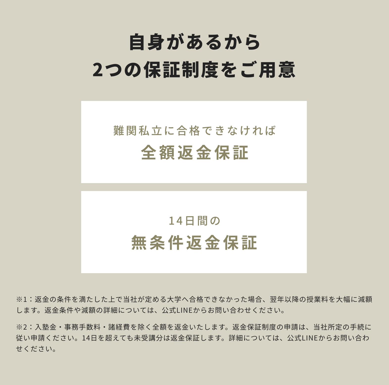 FAST-UPはサービスの質に自信があるため、全額返金保証、無条件返金保証の2つの保証制度を用意しています。
